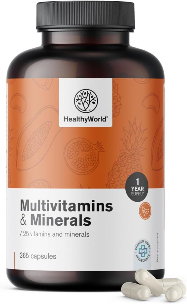 HealthyWorld Multivitamine & Mineralstoffe - 25 Vitamine & Mineralstoffe - 365 Kapseln - Jahresvorrat - Pflanzenkapseln - Immunsystem - mehr Energie- wertvolle Vitamine A-Z - Für Männer & Frauen