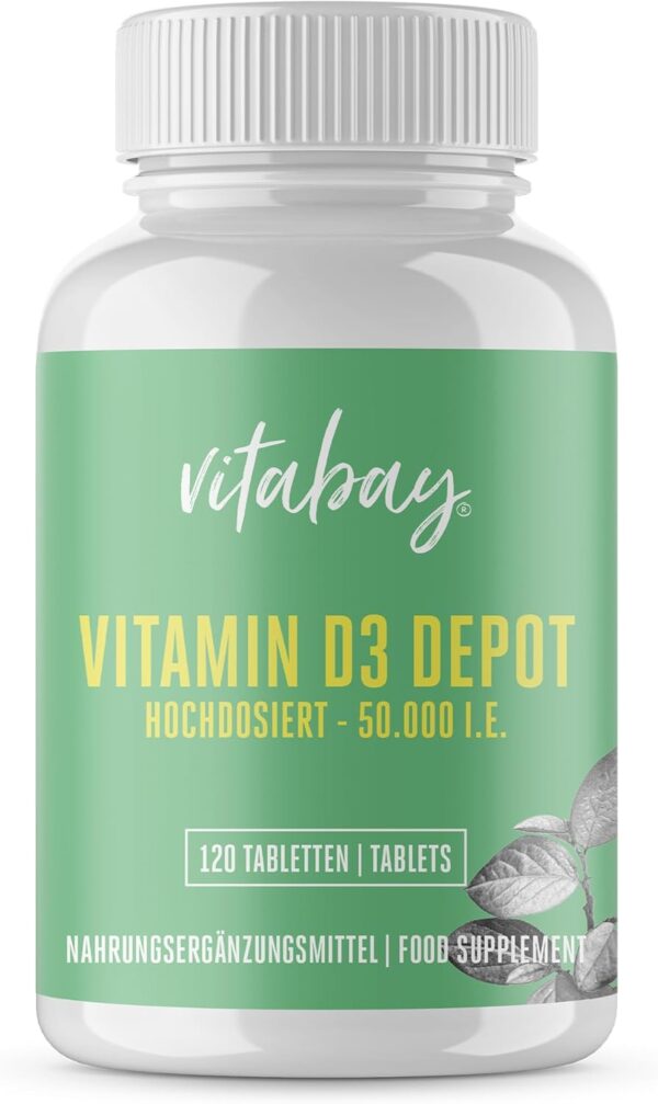 Vitabay Vitamin D3 Hochdosiert 50.000 I.E. - 120 Vegane Vitamin D Tabletten als Depot - Vit D Hochdosiert mit 50000 IE - Hochwertiges Vit D3 für lange Versorgung - Laborgeprüft