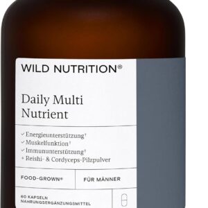 WILD NUTRITION ​​Food-Grown® Tägliches Multivitamin für Männer, Zink und Vitamin C zur Muskelregeneration + Energie & Immun-Support | Breitspektrum Multivitamine für Männer | 60 Kapseln