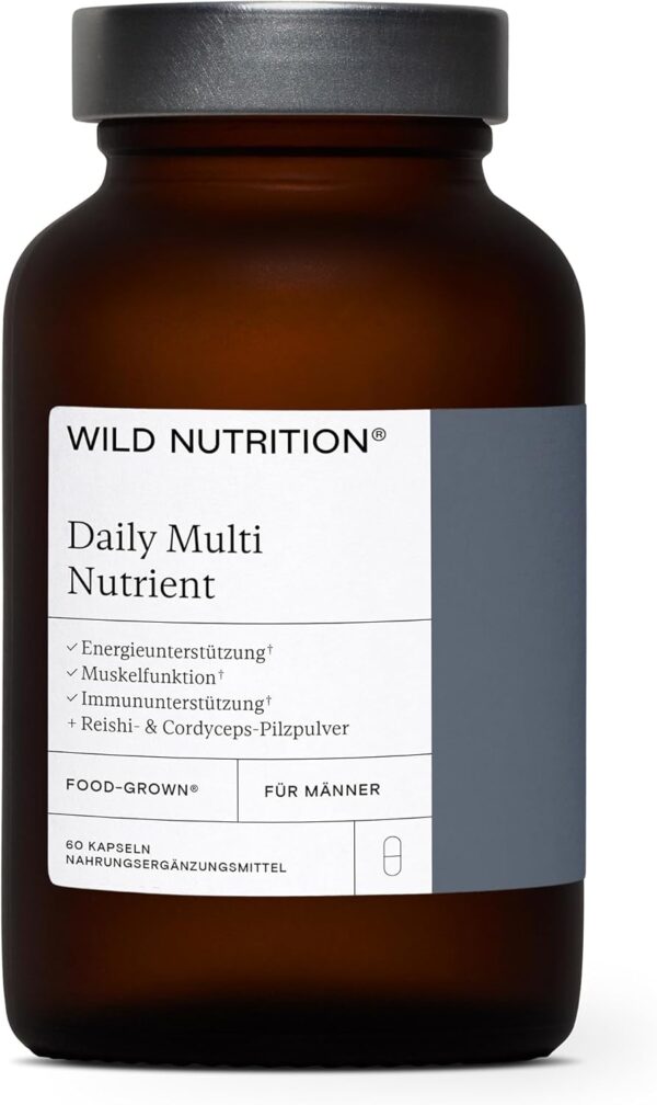 WILD NUTRITION ​​Food-Grown® Tägliches Multivitamin für Männer, Zink und Vitamin C zur Muskelregeneration + Energie & Immun-Support | Breitspektrum Multivitamine für Männer | 60 Kapseln