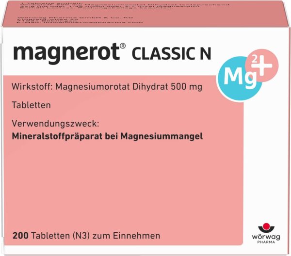 magnerot CLASSIC N Tabletten, 200 Stück: Magnesium gegen Muskel- und Wadenkrämpfe infolge von Magnesiummangel, Entspannung für Muskeln und Nerven mit Magnesiumorotat, unterstützt die Muskelfunktion