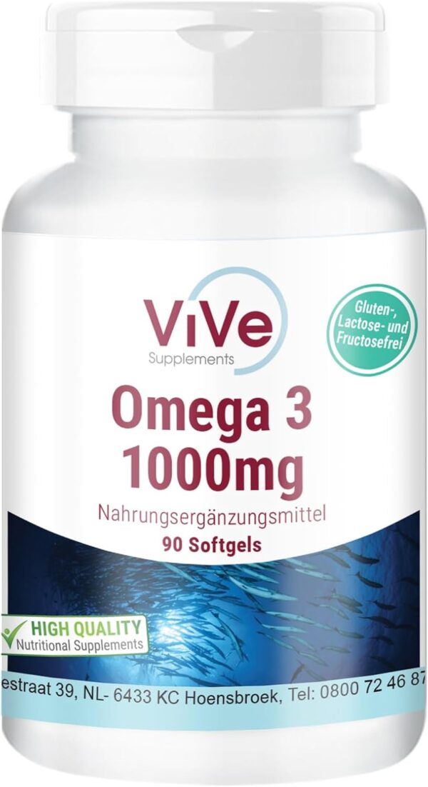 Omega 3 1000mg - 90 Softgels - Omega 3 aus Fischöl - mit EPA, DHA und Vitamin E - Hochdosiert - Qualität aus Deutschland - ViVe Supplements