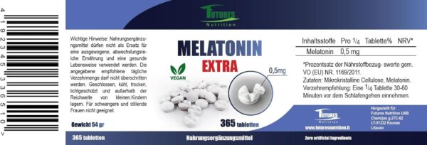 FUTURES NUTRITION Melatonin Extra Nahrungsergänzungsmittel - 365 hochdosiert Schlaftabletten - Nur 1/4 Tablette pro Tag: Melatonin 0,5mg - Ohne Zusatzstoffe und Vegan Schlafmittel - Laborgeprüft – Bild 4