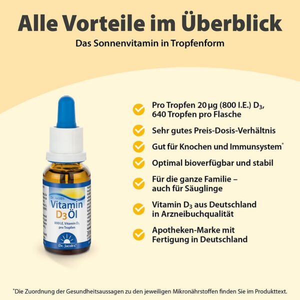 Dr Jacob's Vitamin D3 Öl Tropfen 800 IE I ideal dosierbar für die ganze Familie auch Kleinkinder I für Immunsystem, Muskeln und Knochen¹ I Apotheken-Qualität I hohe Bioverfügbarkeit 20 ml 640 Tropfen – Bild 3