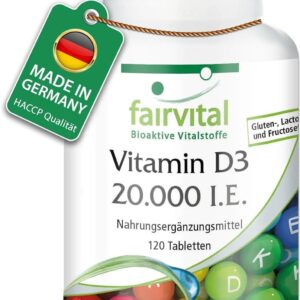 Fairvital | Vitamin D3 20.000 I.E. Depot - 120 Tabletten - HOCHDOSIERT - Cholecalciferol - nur 1 Tablette alle 20 Tage