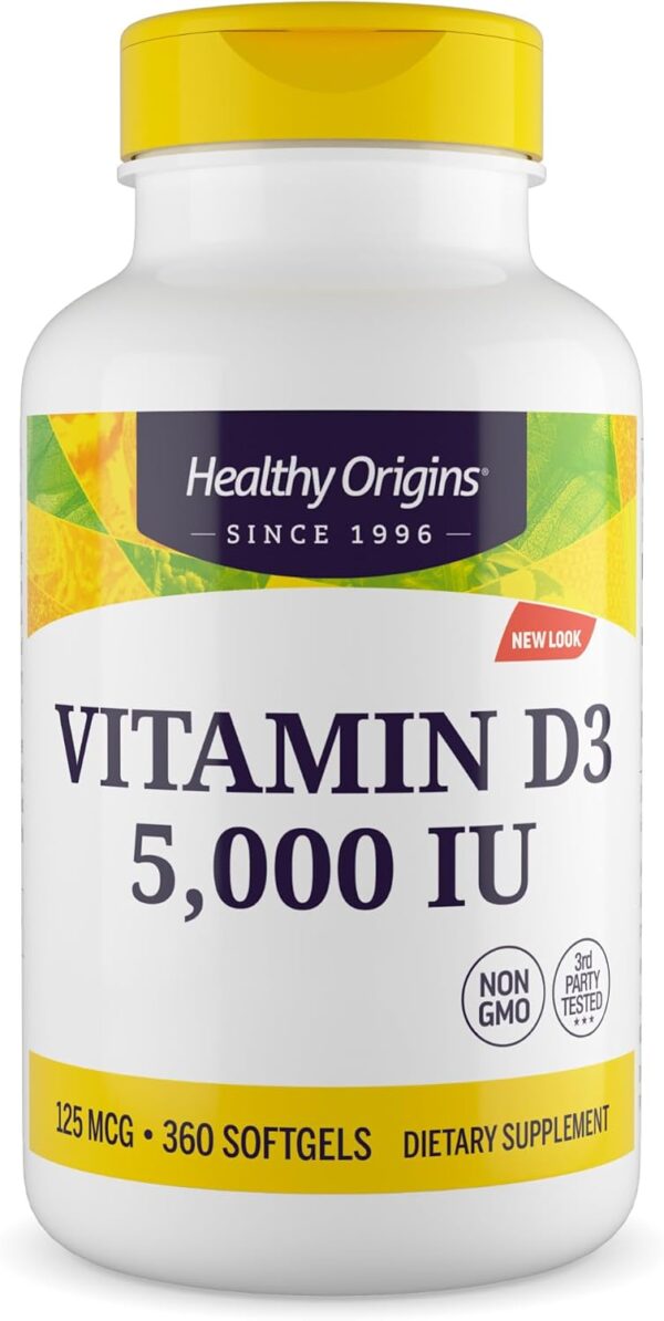 Healthy Origins, Vitamin D3, 360 Softgels, 5.000IU Vitamin D3 je Dosis, Glutenfrei, GMO frei, Geschmacksneutral