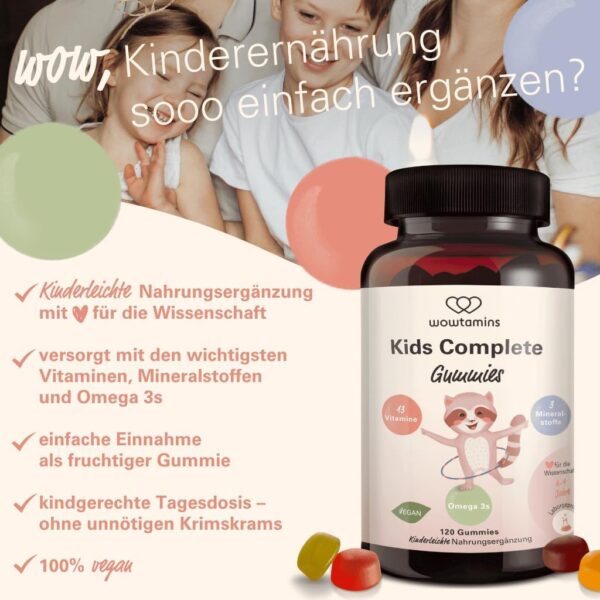 wowtamins Kids Complete - Vegane Multivitamin Gummies mit Omega 3 (30-Tage-Vorrat) - Vitamine für Kinder - Nahrungsergänzungsmittel für das Immunsystem mit Vitamin C, D3, B12, Zink & mehr – Bild 4