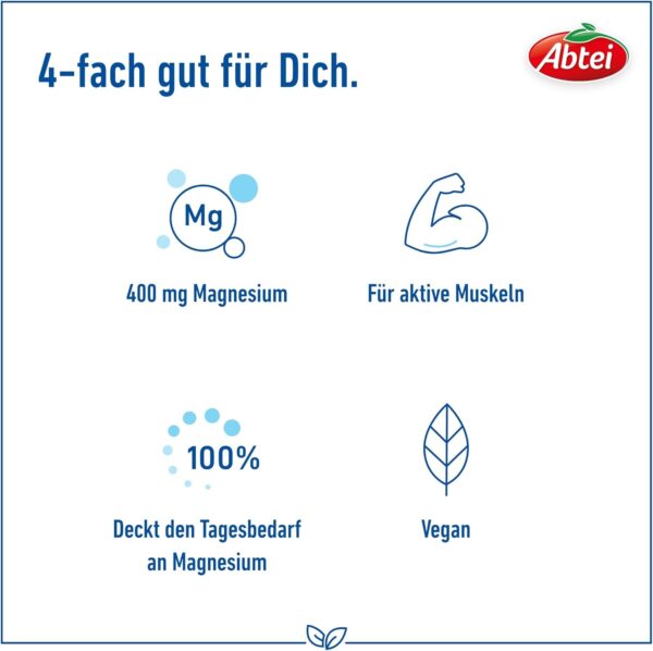 Abtei Magnesium 400 - hochdosiertes Magnesium - für aktive Muskeln - glutenfrei, laktosefrei und vegan - 30 Tabletten – Bild 3