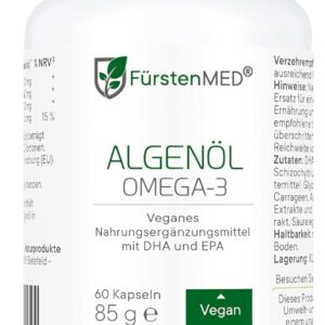 FürstenMED® Omega 3 Algenöl Kapseln Hochdosiert mit 620mg DHA und 350mg EPA pro Tagesdosis + Vitamin E, Omega 3 Vegan, 60 Softgel-Kapseln, Laborgeprüft & Ohne unerwünschte Zusatzstoffe
