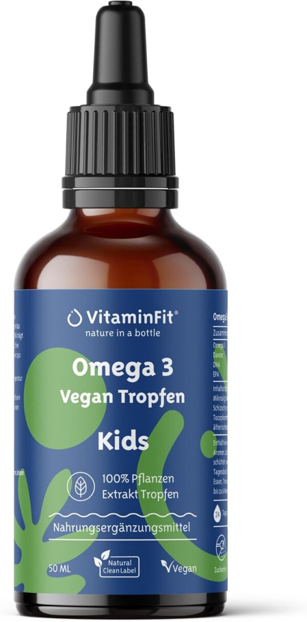 VitaminFit Kinder Omega-3-Tropfen Nahrungsergänzung für Kinder - Flüssig - DHA - EPA - ALA - Fischfrei - 100% Pflanzlich - Vegan - 50 ml