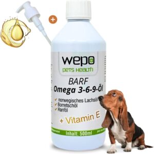 WEPO 3-6-9 Barf Hunde-Öl Premium-Qualität - 100% natürliches Omega 3 6 9 Fell- Haut- Haar- Öl 500ml