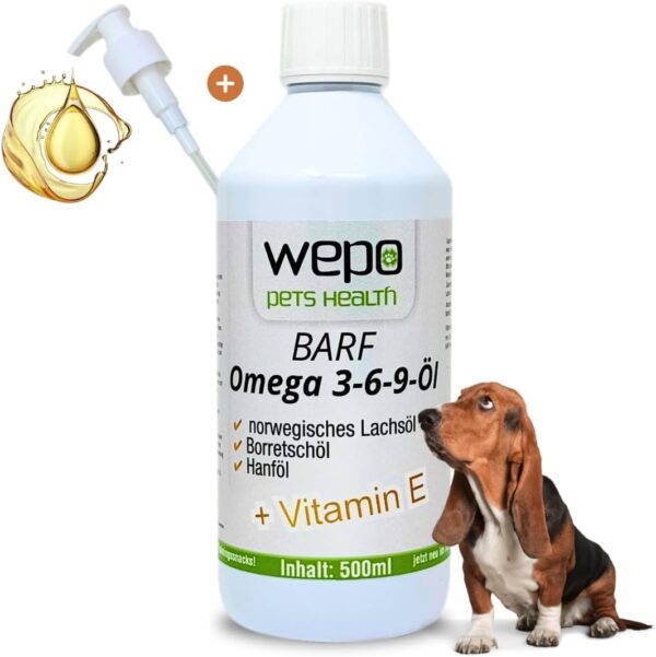 WEPO 3-6-9 Barf Hunde-Öl Premium-Qualität - 100% natürliches Omega 3 6 9 Fell- Haut- Haar- Öl 500ml