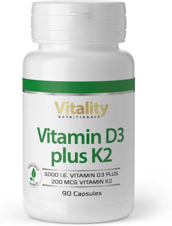 Vitamin Express Vitamin D3 K2 Hochdosiert, D 5000 IE + K2 200 mcg Premium All Trans MK7 I 90 Mini-Kapseln Hochdosiert I hohe Bioverfügbarkeit, frei von Zusatzstoffen I Vitality Nutritionals