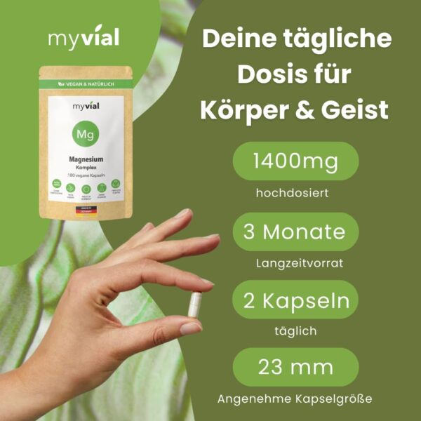 Premium Magnesium Komplex hochdosiert Kapseln 180 Stück, 435mg elementares Magnesium pro Tagesdosis aus 5 hochwertigen Verbindungen vegan ohne Zusätze plastikfrei verpackt aus Deutschland – Bild 4