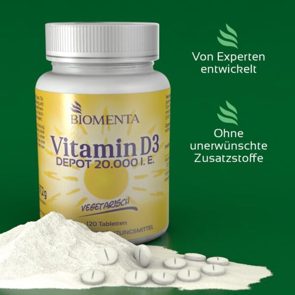 BIOMENTA Vitamin D3 – 120 Vit. D Tabletten hochdosiert - 20.000 IU/St. aus Cholecalciferol - vegetarisch - Premiumqualität – Bild 6