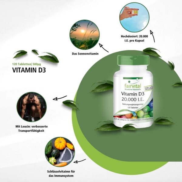 Fairvital | Vitamin D3 20.000 I.E. Depot - 120 Tabletten - HOCHDOSIERT - Cholecalciferol - nur 1 Tablette alle 20 Tage – Bild 5