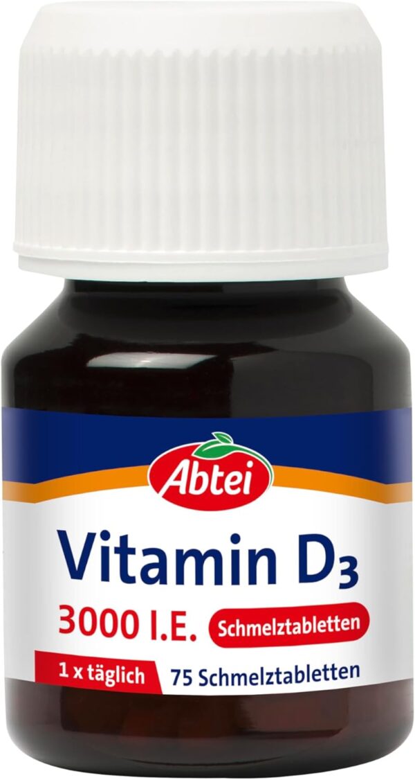 Abtei Vitamin D3 3000 I.E. - unterstützt Immunsystem und Knochen - glutenfrei, laktosefrei und vegetarisch - 75 Schmelztabletten mit Zitronengeschmack – Bild 2