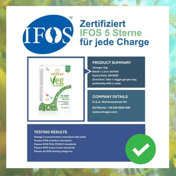 Omegor VEG - Omega 3 Veganes Algenöl | Das einzige IFOS-Zertifikat | 250 mg DHA und 125 mg EPA pro Kapsel | 60 Kapseln, 2 Monatsvorrat | 100% VEGAN – Bild 3