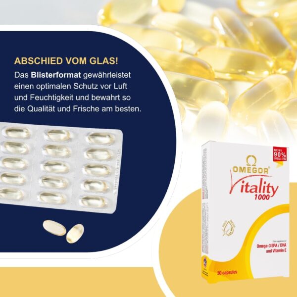 Omegor Vitality 1000 – Nahrungsergänzungsmittel mit 90% Omega 3 in Triglyceridform – Vitamin E – Für ein gesundes Herz, Sehvermögen und Gehirn – IFOS-zertifiziert – Ohne Nachgeschmack – 2 x 30 Kp – Bild 7
