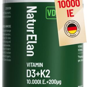 Vitamin d3 k2 kapseln hochdosiert - 10000I.E. + Vitamin K2 MK7 200 mcg pro Dosis, 180 Vegetarisch kapseln, Ohne Zusätze, In Deutschland Produziert