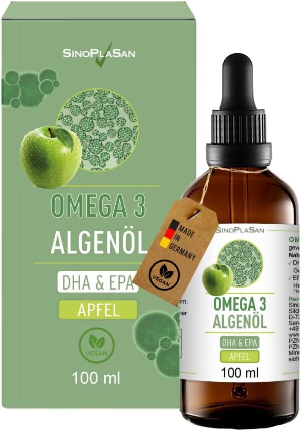 Premium Omega 3 Algenöl | hoch dosiert | Natürliches DHA & EPA für Herz, Gehirn & Sehkraft | vegan | 100ml | 40 Tage Vorrat | (Apfel)