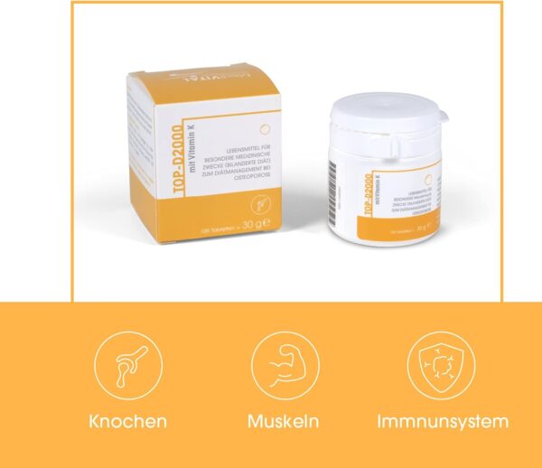 TOP-D Vitamin D3 K2 VEGAN - hochdosiert 2000 IE für Knochen, Zähne & ein starkes Immunsystem - 100 Tabletten, Made in Germany – Bild 3