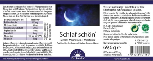 Schlaf schön¹ I für eine verkürzte Einschlafzeit¹ I mit Melatonin und natürlichem Magnesium aus dem Meer I mit 5 Pflanzenextrakten: Baldrian, Melisse, Passionsblume, Lavendel und Hopfen – Bild 6