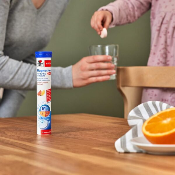 Doppelherz Magnesium 400 + B1 + B6 + B12 + Folsäure - Magnesium als Beitrag für die normale Muskelfunktion - vegan - 15 Brausetabletten mit Zitronen-Grapefrucht-Geschmack – Bild 2