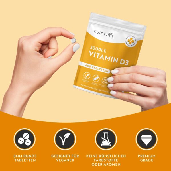 Vitamin D3 2000 I.E - 400 Tabletten (1+ Jahr) - Vegetarisch - Hochdosiert Sonnenvitamin für Immunsystem, Knochen, Zähne & Muskeln - Vitamin D Hochdosiert - Laborgeprüft Cholecalciferol - Nutravita – Bild 4