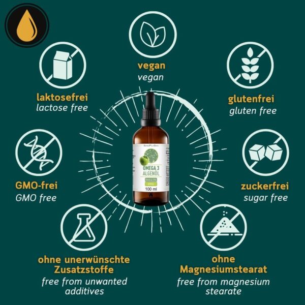 Premium Omega 3 Algenöl | hoch dosiert | Natürliches DHA & EPA für Herz, Gehirn & Sehkraft | vegan | 100ml | 40 Tage Vorrat | (Apfel) – Bild 2