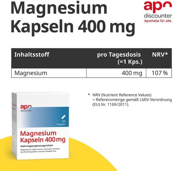 apodiscounter Magnesium Kapseln 400 mg (1x 105 Stück) - Reines Magnesiumoxid - Für Muskeln, Nerven und Energiestoffwechsel - Hochdosiert & Vegan – Bild 2