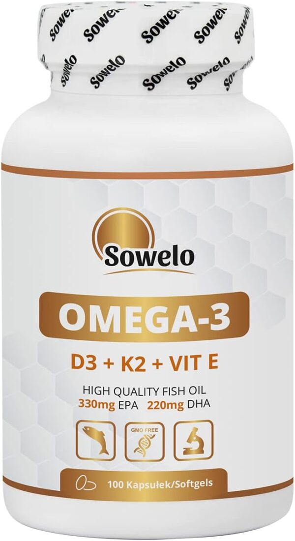 Sowelo Omega-3 - 1000mg I mit Vitamin D3 K2 E I Essentielle Omega 3 Fettsäuren Hochdosiert I Unterstützt die Natürliche Immunität I Einfluss auf die Senkungm LDL-Cholesterins I 100 Softgels
