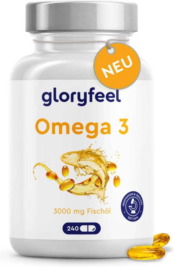 Omega 3 Kapseln Hochdosiert - 3000mg Fischöl (Triglycerid-Form) - 240 Kapseln mit Vitamin E (Antioxidans) zur idealen Ergänzung von EPA & DHA - Reines Omega3 Fischöl – Laborgeprüft