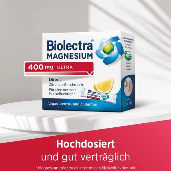 Biolectra Magnesium 400 mg Direct Sticks Zitrone, 60 Stück: Für eine normale Muskelfunktion bei erhöhtem Bedarf, Magnesium Direkt-Sticks, hochdosiert – Bild 5
