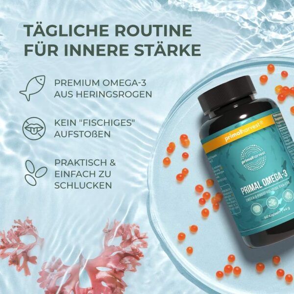 Primal Harvest ® Omega 3 Fischöl (30 Portionen) - 60 Omega 3 Kapseln in leicht zu schluckender Softgel-Form - 470mg EPA & DHA aus nachhaltig gefangenem norwegischem Fisch – Bild 5