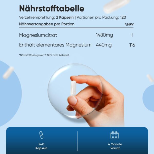 Magnesiumcitrat - 240 vegane Kapseln - 440mg Elementares Magnesium pro Portion - Magnesium trägt zur Verringerung von Müdigkeit & Erschöpfung bei (EFSA) - 4 Monate Vorrat - Glutentfrei - WeightWorld" – Bild 4