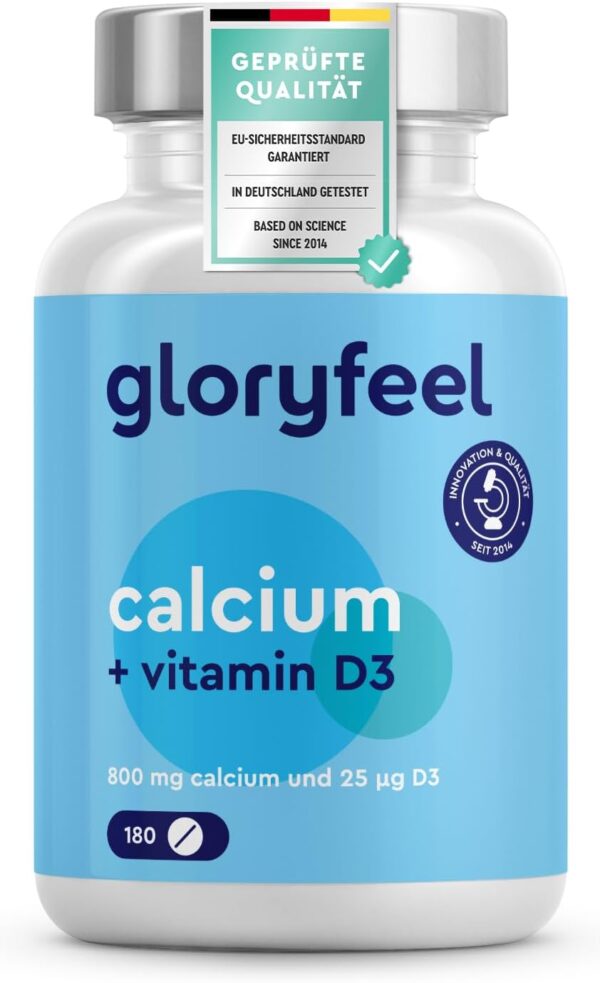 Calcium Tabletten 800 mg + Vitamin D3 1000 I.E. - Kalzium aus Calciumcarbonat Hochdosiert - D3 zur Unterstützung der Calcium-Aufnahme* - 180 Tabletten für 3 Monate - Laborgeprüft, ohne Zusätze
