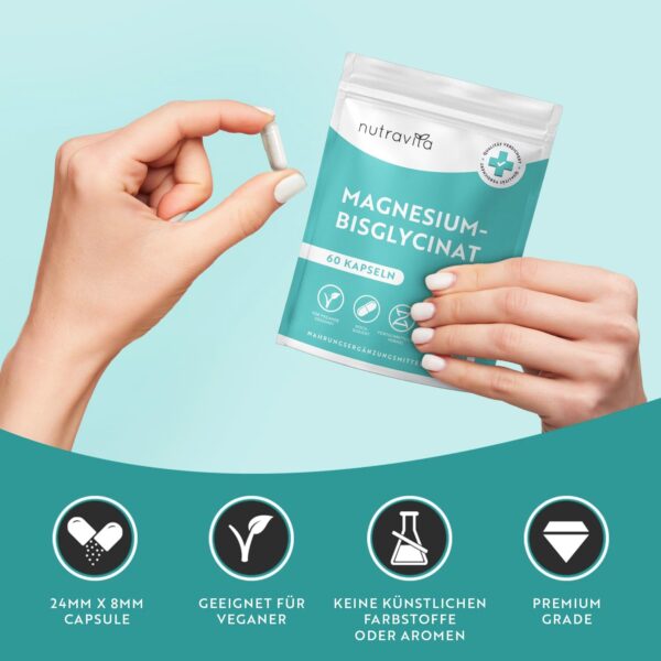 Magnesiumbisglycinat Kapseln - Magnesium Glycinat - 320mg elementares Magnesium pro Tagesdosis - Vegan - Hochdosiert - Unterstützt die Muskelfunktion & das Nervensystem - Nutravita – Bild 5