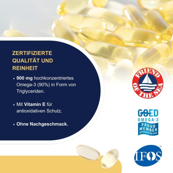 Omegor Vitality 1000 – Nahrungsergänzungsmittel mit 90% Omega 3 in Triglyceridform – Vitamin E – Für ein gesundes Herz, Sehvermögen und Gehirn – IFOS-zertifiziert – Ohne Nachgeschmack – 2 x 30 Kp – Bild 8