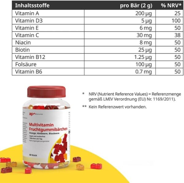 Multivitamin Fruchtgummibärchen zuckerfrei von apodiscounter 60 stk – Bild 2