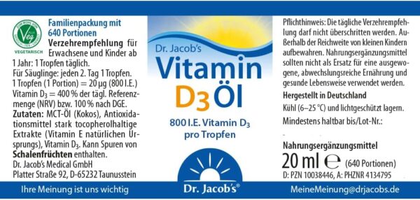 Dr Jacob's Vitamin D3 Öl Tropfen 800 IE I ideal dosierbar für die ganze Familie auch Kleinkinder I für Immunsystem, Muskeln und Knochen¹ I Apotheken-Qualität I hohe Bioverfügbarkeit 20 ml 640 Tropfen – Bild 6