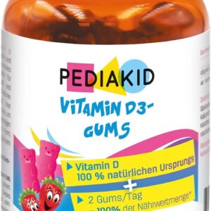 PEDIAKID - Vitamin D3 Gums - Vitamin D3 100% natürlichen Ursprungs - Stärkung der natürlichen Abwehrkräfte - Ab 3 Jahren - Deckt 100% der empfohlenen Tagesdosis ab - 60 Gums