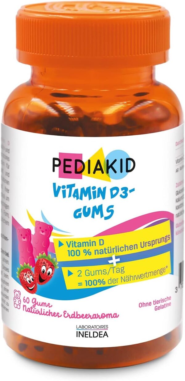 PEDIAKID - Vitamin D3 Gums - Vitamin D3 100% natürlichen Ursprungs - Stärkung der natürlichen Abwehrkräfte - Ab 3 Jahren - Deckt 100% der empfohlenen Tagesdosis ab - 60 Gums