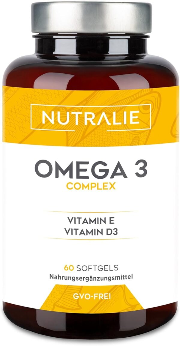Omega 3 2000mg + Vitamine D3 und E | 1250mg EPA-DHA pro Dosis | Hochkonzentriertes Fischöl 60 Kapseln | Nutralie
