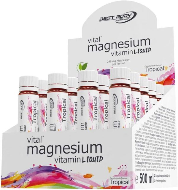 Best Body Nutrition Magnesium Liquid Ampullen – 20 x 25ml – Hochdosierter Magnesium Shot mit Vitaminen –248 mg/Portion – Erfrischend fruchtige Trinkampullen – Flüssiges Magnesium für Sport & Outdoor