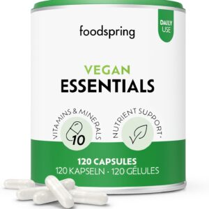 foodspring - Vegan Essentials all-in-one Multivitamin-Komplex Nahrungsergänzungsmittel 120 Kapseln hochdosiert & gelatinefrei - Nährstoff Präparat mit jeweils 5 essentiellen Vitaminen & Mineralien