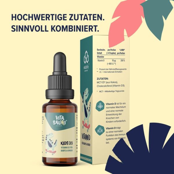 Vitasauri Kids D3 | Vitamin D Tropfen für Babys und Kinder | Leicht zu schluckende Vitamin D3 Tropfen gelöst in MCT Öl | Geeignet für Säuglinge, Babys & Kinder | 20 ml | edubily nutrition® – Bild 4