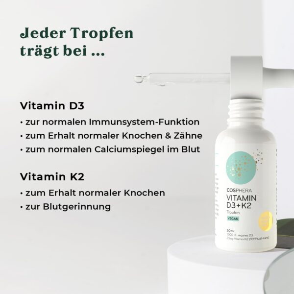 Vitamin D3 K2 Tropfen hochdosiert & vegan - 1.000 IE D3 + 25µg K2 MK7 (99,9% all-trans) + MCT-Öl - Sonnenvitamin D (Cholecalciferol) für Knochen und Immunsystem - 50 ml flüssig ohne Zusätze – Bild 4