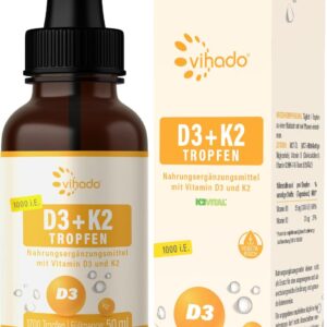 Vihado Vitamin D3 K2 Tropfen hochdosiert, max bioverfügbar, sicherer Markenrohstoff K2VITAL®, Vitamin D für Immunsystem + Knochen, vegetarisch, 50 ml (1700 Tropfen)
