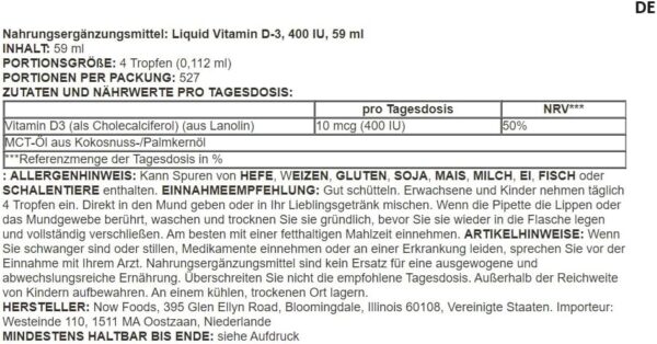 Now Foods - Vitamin D-3 Liquid | 400 IU - Hochdosiertes Vitamin D zur Unterstützung des Immunsystems - 59 ml – Bild 2
